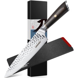 anshee 8 Inch Japanese Gyuto Chef Knife - Handcrafted Hammered High Carbon Super Steel Blade, Ultra Sharp Professional Kitchen Knife with Sheath & Gift Box (Birthday Gifts for Mom/Dad)
