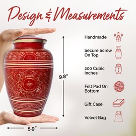 Cremation Urn for Ashes Adult Male & Female - Handcrafted Funeral Urns for Human Ashes Adult Man & Woman - Durable & Timeless Memorial Urn to Honor Your Loved Ones (Red, Large, Engraved)