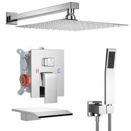 ShiureBath 12 Inch Shower Faucet Set with Tub Spout Bathroom Shower System with 12 Inch Rain Shower head and Handheld Shower Head Set, Polished Chrome