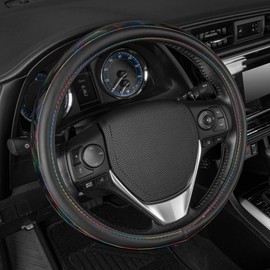 BDK Cute Iridescent Black Steering Wheel Cover for Women, Standard 15 inch Size, Sparkle Faux Leather Car Steering Wheel Cover for Truck Van SUV Auto