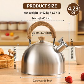MAXCOOK Tea Kettle, 18/8 Stainless Steel Whistling Teapot, 4.23 Quart Camping Tea Kettle for Stovetop, Water Coffee Pot with Anti-Hot Wood Handle (4L,Silver)