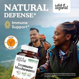 Wild & Organic Immune Mushroom Blend Capsules - 8 Mushroom Complex Supplements for Immunity Support with Turkey Tail, Chaga & Reishi Powder - 60 Days Supply - Vegan, No Fillers, Non-GMO - 120 Count