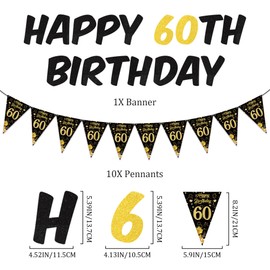 60th Birthday Decoration Banner for Men Women, Black Gold Happy 60th Birthday Banner and Bunting Garland, Birthday Sash Spirals Hanging Decoration for 60th Birthday Decoration