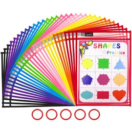 Gamenote Dry Erase Pockets 30 Pack with Rings - Oversized Reusable Plastic Sleeves Shop Ticket Holders Sheet Protectors Teacher Supplies for Classroom Organization (Colorful)