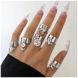 Sttiafay 6 Pieces Ankle Rings Set Cute Butterflies Flower Charm Statement Rings Stacking Midi Finger Rings Vintage Adjustable Open Band Ring Set Jewellery for Women and Teenage Girls, Metal