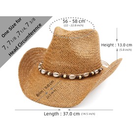 Pro Celia Cowgirl Hats for Women Men Beach Sun Beach Straw Western Cowboy Hat (US, Alpha, One Size, Khaki)