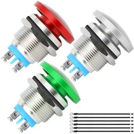MKBKLLJY Pack of 3 19 mm Mushroom Head Push Button Switch IP65 Waterproof DC 12V 3A AC 110V 5A SPST with Curved Screw and Clamp Wires for Car Boat Truck 3 Colours (Red/Green/Silver)