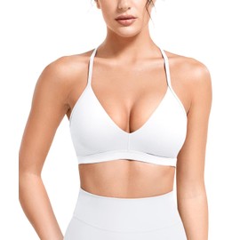 ZAAYO Sports Bra Women's Deep V Neck Y Back Push Up Sports Bra Padded Fitness Medium Impact Workout Gym Yoga Tops with Adjustable Back Straps, White, L