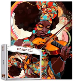 1000 Piece Jigsaw Puzzles for Adults Africa Black Woman Painting Jigsaw Puzzle America Afro Girl 1000 Pieces Puzzles Game Boho Musician Playing Violinist Wall Decor DIY Craft Puzzle Art(Colorful)
