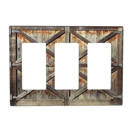 Brown Wooden Barn Doors Decorative Outlet Cover Triple Rocker Light Switch Plate Cover Electricity Receptacles Plates For Home Kitchen Living Bedroom 6.57 * 4.65