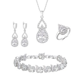 Clearine Jewellery Set for Women Silver Plated Clear Teardrop Cubic Zirconia Necklace Open Adjustable Ring Earrings Bracelet Gift for Wedding/Anniversary/Mothers Day/Christmas