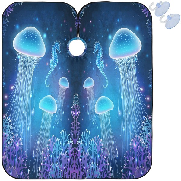 visesunny Capa de peluquero mágica azul brillante medusa de poliéster para cortar el pelo de salón de peluquería con capa antiestática para cortar el pelo de la tela de afeitar para barba y peluquería