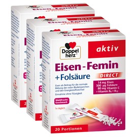 Doppelherz Eisen-Femin Direct with Vitamin C + B6 + B12 + Folic Acid – 14 mg Iron for Normal Red Blood Cell Formation - 3 x 20 Portions of Micro-Pellets