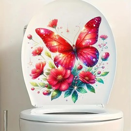Butterfly Rose Flower Leaf Toilet Cover Sticker Decals Waterproof Toilet Lid Tank Seat Decals Cistern Self-Adhesive Bathroom Wall Sticker