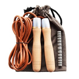 Leather Jump Rope, Adjustable Skipping Jumping Ropes, with Rotary Bearing and Pure Wood Handles, for Gym & Home Fitness Workouts