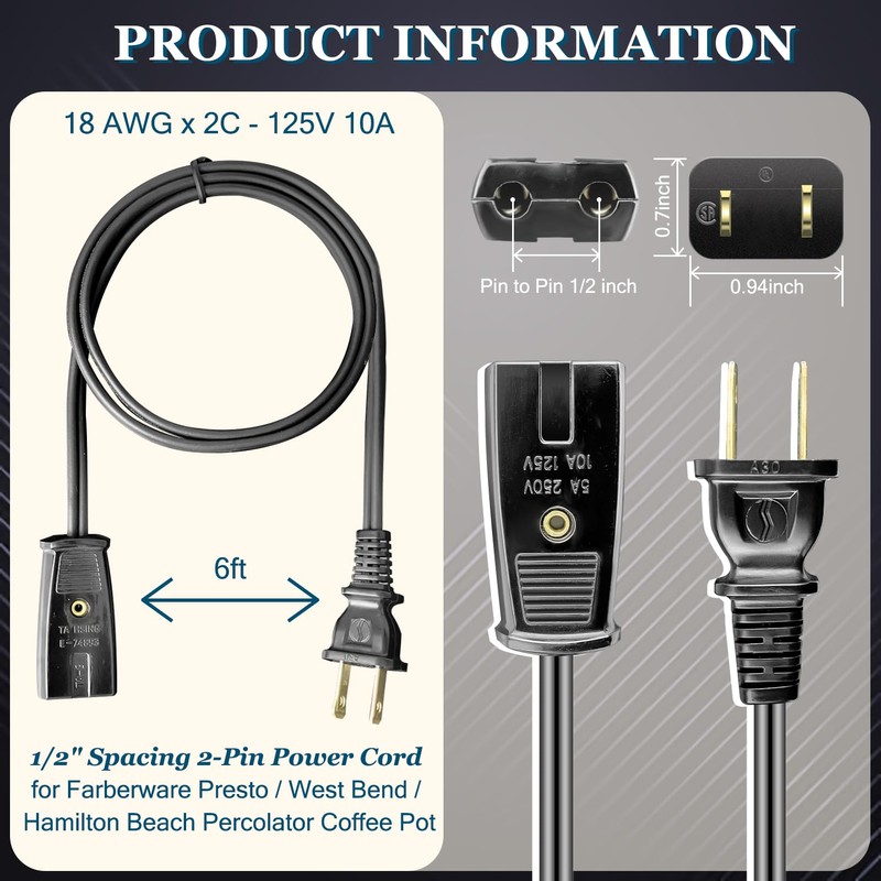 HASMX 6ft Power Cord for Hamilton Beach Percolator Coffee Pot