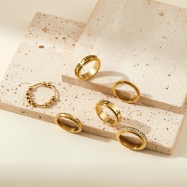 LOFITOR Gold Fidget Rings for Anxiety 6pcs Stainless Steel Spinner Ring Anti Anxiety Ring Spinning Moon Star Cool Stress Relieveing CZ Rings for Women Men Band Rings Set CZ 6
