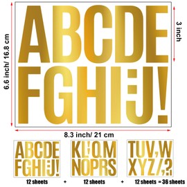 Bemeol 36 Sheets Letter Stickers 3 Inch Vinyl Letters Alphabet Stickers Self Adhesive Stick on Letters for School Office Home Bulletin Boards Mailbox Decor(Gold,3Inch)