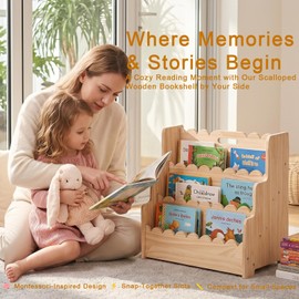 Kids Bookshelf Storage 3-Tier Scalloped Wooden Book Case for Kids Rooms, MontessoriBookshelf for Toddlers & Baby, Solid Wood Organizer for Small Nursery & Classroom