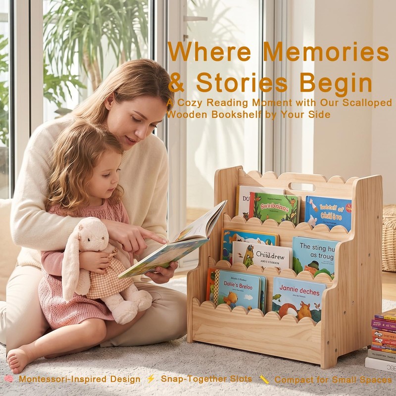 Kids Bookshelf Storage 3-Tier Scalloped Wooden Book Case for Kids