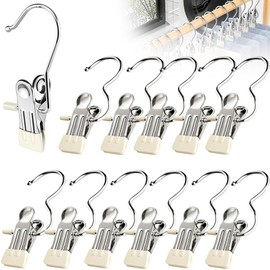 Set of 12 Stainless Steel Clothespins Clothespins with Hooks, Mono Clip, Clothespins with Rubber Protective Head, Anti-Slip, Protect Clothes, Lightweight, Easy to Carry, Multifunctional Hook Clips for Small Snacks, Small Toys, Clothes Storage Socks, Hat Storage, Home and Indoor Use (Beige)
