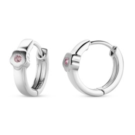 Miore hoops for Girls in 925 Sterling Silver with Flower and Pink Zirconia Gem- Round Loops for kids- Skin friendly- Gift box included