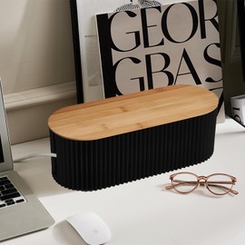 Cable Management Box with Solid Bamboo Cover, Cable Organizer Box for Power Strips, Surge Protectors, Chargers, Adapters, TV Computer Wires Cable Hider Organizer Box for Home/Office (Black)