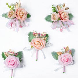 Boutonniere for Men, 5pcs Groom Groomsmen Bridesmaid Unified style set, Wedding Artificial Flowers (Pink)