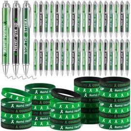 Qilery 72 Pcs Mental Health Awareness Accessories Include 36 Green Ribbon Silicone Bracelets 36 Black Ink Pen Retractable Ballpoint Pens Green Mental Faith Party Supplies Gift for Men Women