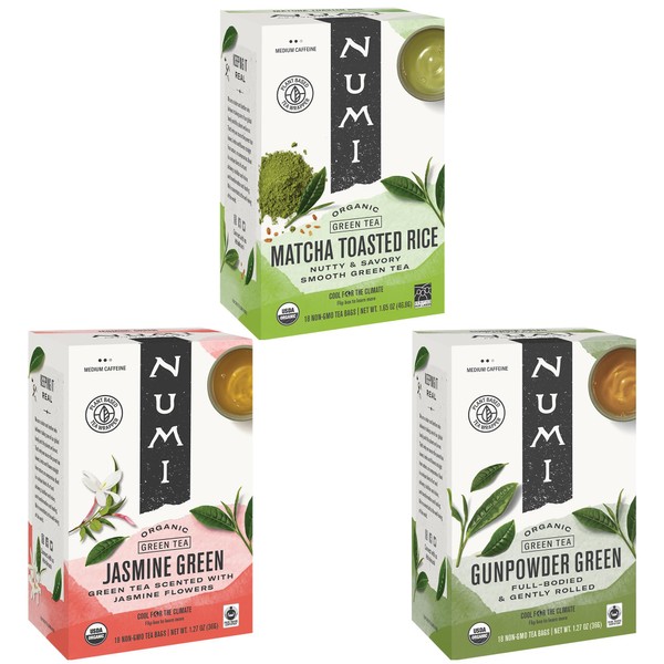 Numi Organic Green Tea Variety, 18 Tea Bags (Pack of 3), Gunpowder, Jasmine Green & Matcha Toasted Rice (Packaging May Vary)