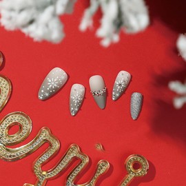 Christmas Almond Press On Nails Medium Snowflake Fake Nails Rhinestones Silver Glitter False Nails Gray Winter Xmas Nails Full Cover Matte Glue On Nails for Women