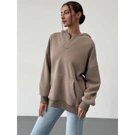 PAODIKUAI Women's Oversized Hoodies V Neck Pullover Fleece Sweatshirt Long Sleeve with Pocket Casual Winter Fall Outfits(Coffee,L)