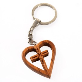 KASSIS Olive Wood Key Ring Heart Gift for Multiple Occasions, Cross, 3,50 x 4 cm