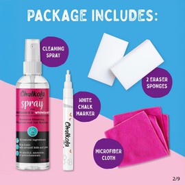 Chalkola Natural Chalkboard Cleaner Spray & Eraser Kit for Liquid Chalk Markers - Suitable for Whiteboard, Blackboard and Dry Erase Boards - Comes with White Chalk Pen