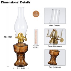 2 Pieces Rustic Oil Lamp 12.6" Classic Large Classic Kerosene Lamp Lantern Vintage Glass Kerosene Lamp Chamber Oil Lamps with 3/8" Wick for Indoor Use Home Decor Lighting