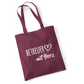huuraa Jute Bag Caregiver with Heart Bag Cotton 10 Litres with Motif for the Greatest People Gift Idea for Friends and Family, burgundy