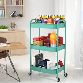 PNVXNUS 3 Tier Rolling Metal Storage Carts with Wheels,Multi Functional Organizer Cart for Office, Bathroom, Kitchen, Book, Diaper. Easy Assembly. (Blue)