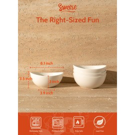 Sweese 8 Inch Porcelain 42 oz Serving Bowls Set of 4, for Salad | Soup | Snacks | Pasta - Microwave, Dishwasher, and Oven Safe - White