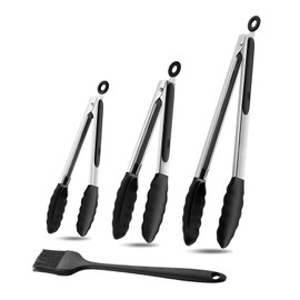 3 Pinzas de Cocina, Pinzas de Silicona para Cocina de 7''/9''/12'', con Seguro y Cepillo para Parrilla. Resistentes al Calor Hasta 480°F para Cocinar, Servir, Ensalada