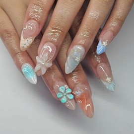 Blue Beach Press on Nails with Charms Medium Almond Fake Nails Shell Starfish Fake Nails French Nails Press ons Cute Flower Stick on Nails Short Acrylic Pearl Nails Rhinestones Nails for Daily Wear