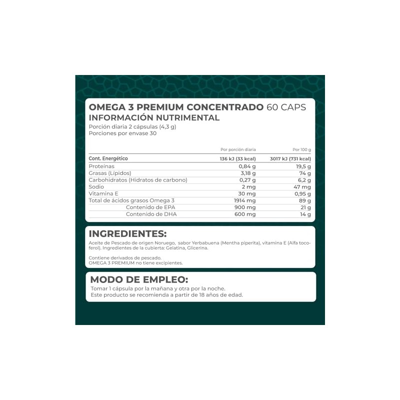 PRONAT | Omega 3 Premium Concentrado, Suplemento Alimenticio, 60 Cápsulas