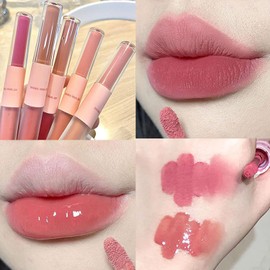 Brillo de labios 2 en 1 con espejo doble y mate, brillo de labios hidratante con aceite esencial, tinte de labios brillante con brillo líquido, labios hidratados y de aspecto más lleno, glaseado de labios dulce de larga duración (4#, M)
