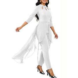 Bttup White Jumpsuit for Woman Dressy Elegant Crew Neck Long Sleeve Hight Waist One Piece Jumpsuit Casual Straight Long Pants Wide Leg Pants Jumpsuit Romper