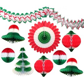 9-Piece Large Christmas Themed Honeycomb Tissue Paper Party Decoration Kit (Bells, Balls, Fan, Tree, Garland, Ornament)