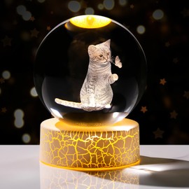 Arikyrist 3.15" 3D Cat and Butterfly Crystal Ball with LED Warm Light Stand, Cat Themed Gifts for Women Girls Friends Mum Cat Sphere Collectible Ornament