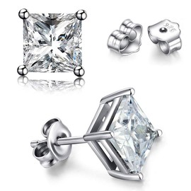 TTVOVO 925 Sterling Silver Stud Earrings Princess Cut Cubic Zirconia Sparkling Simulated CZ Diamond Earrings for Women Men Square 4 Prong Ear Studs Piercing Earrings Hypoallergenic Jewelry Gifts, 4MM