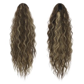 FESHFEN Long Ponytail Extensions, Drawstring Clip in Curly Wavy Hairpieces Synthetic Ponytails Hair Piece Pony Tail Extension for Women, Chestnut Brown Mixed Ash Blonde 26 inch