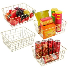 Homaisson 4 PCS Gold Wire Baskets, 10.9'' x 8.6'' x 4.6''Metal Storage Baskets, Wire Mesh Storage Organizers, Wire Baskets for Organizing, Metal Storage Bins for Pantry Kitchen Bathroom, Gold