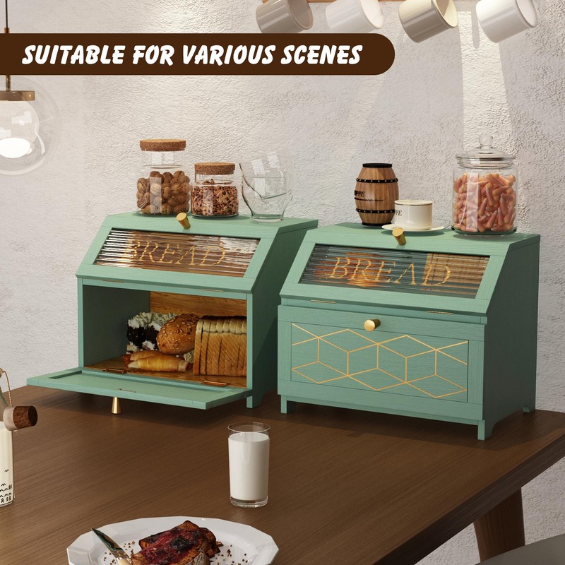 HOLTICO Double Layer Bread Box with Golden Trim for Kitchen