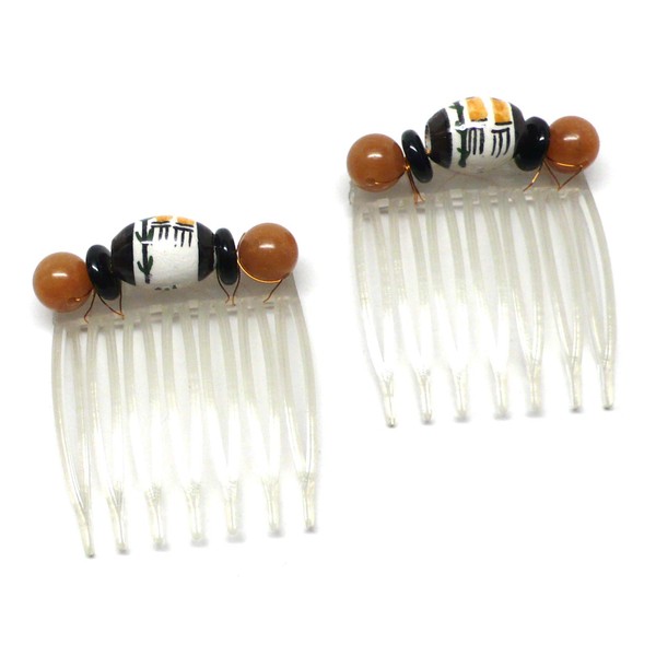 Set of 2 Small Hair Combs Peruvian Ceramic Black White